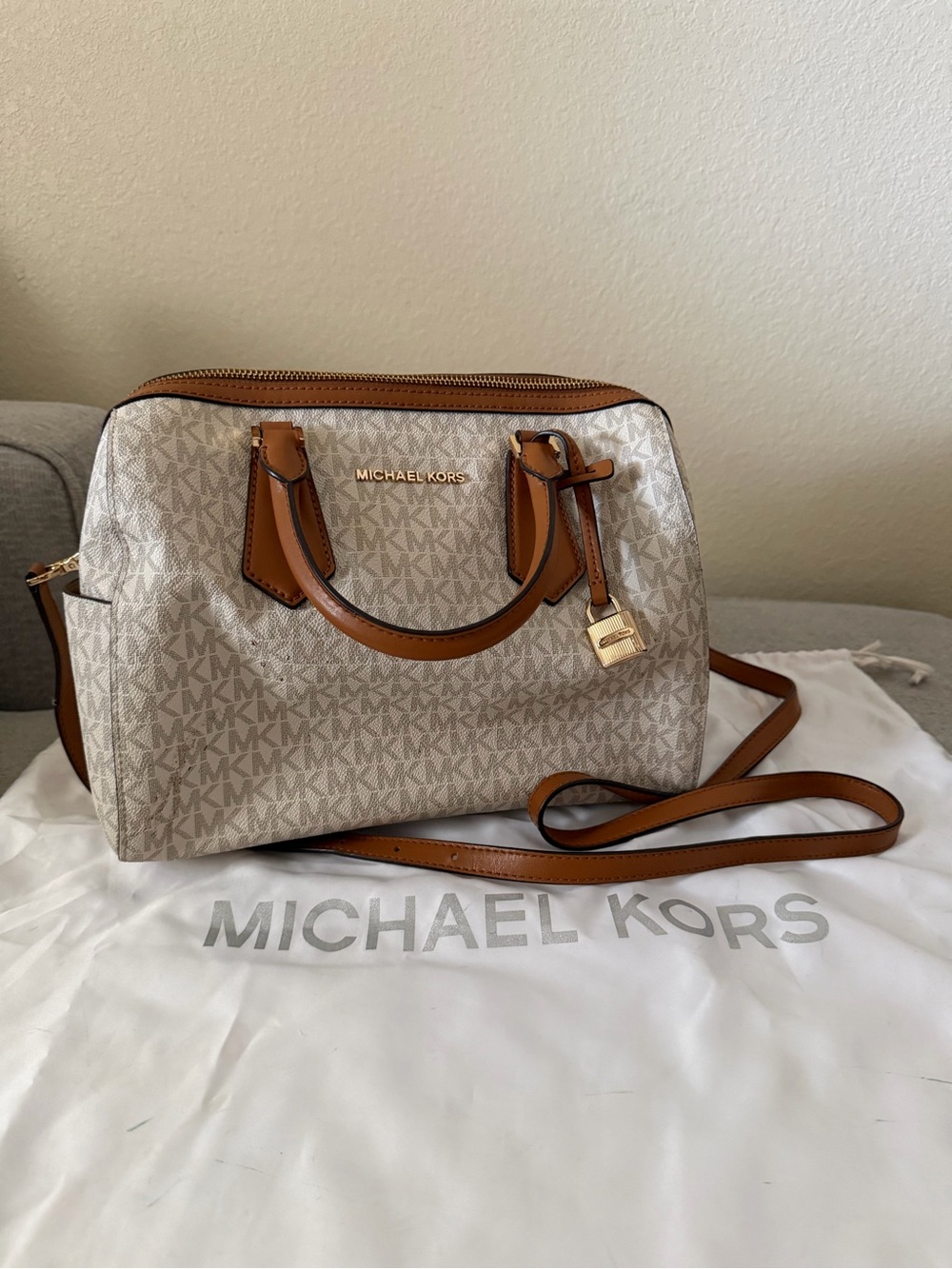 Michael Kors Beige Logo Satchel with Brown Trim and Gold Hardware